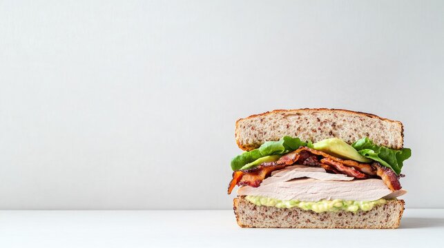 Delicious sandwich stacked with turkey, lettuce, and crispy baco