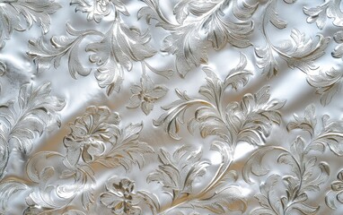 A tarnished silver brocade fabric background with embossed floral details and worn velvet texture