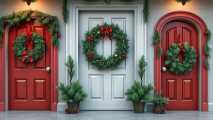 Fototapeta premium Festive wreaths on doors and walls with evergreen branches and pinecones, pinecones, festive wreaths