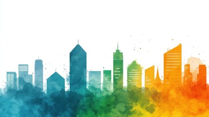 Fototapeta premium A vibrant watercolor skyline featuring abstract buildings in blue, green, and orange hues against a white background.