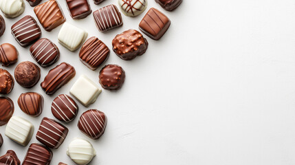 Delicious assorted chocolates arranged on white background, perfect for gifting or indulgence