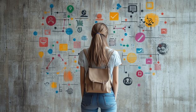 Rear view of a brunette woman looking at a concrete wall with colorful icons about job vacancies, recruitment process, internship and graduate programs