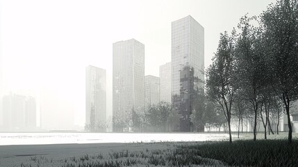 Fototapeta premium image of a Chinese skyline with fading skyscrapers, indicating a slowdown in growth, set against a white backdrop for copy. China and the World Economy [China]:[Economy Slowdown] Chinese skyline, 