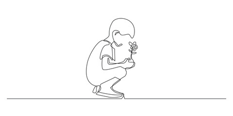 continuous line of child preparing to plant flowers.one line drawing of child holding flower seeds in hand.greening activity,ecology.single line vector illustration