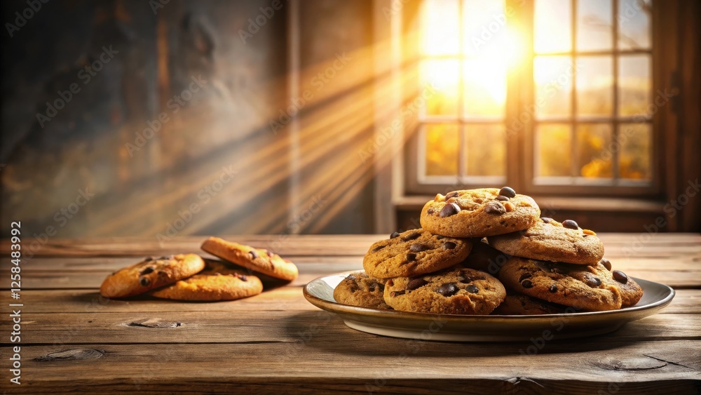 Poster rustic wooden table scene with a plate of chocolate chip cookies, bathed in golden sunlight streamin