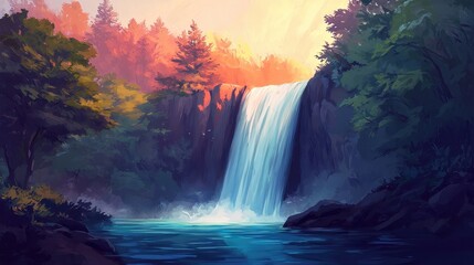 Fototapeta premium Serene Waterfall Amidst Lush Forest and Vibrant Sunset Glow
