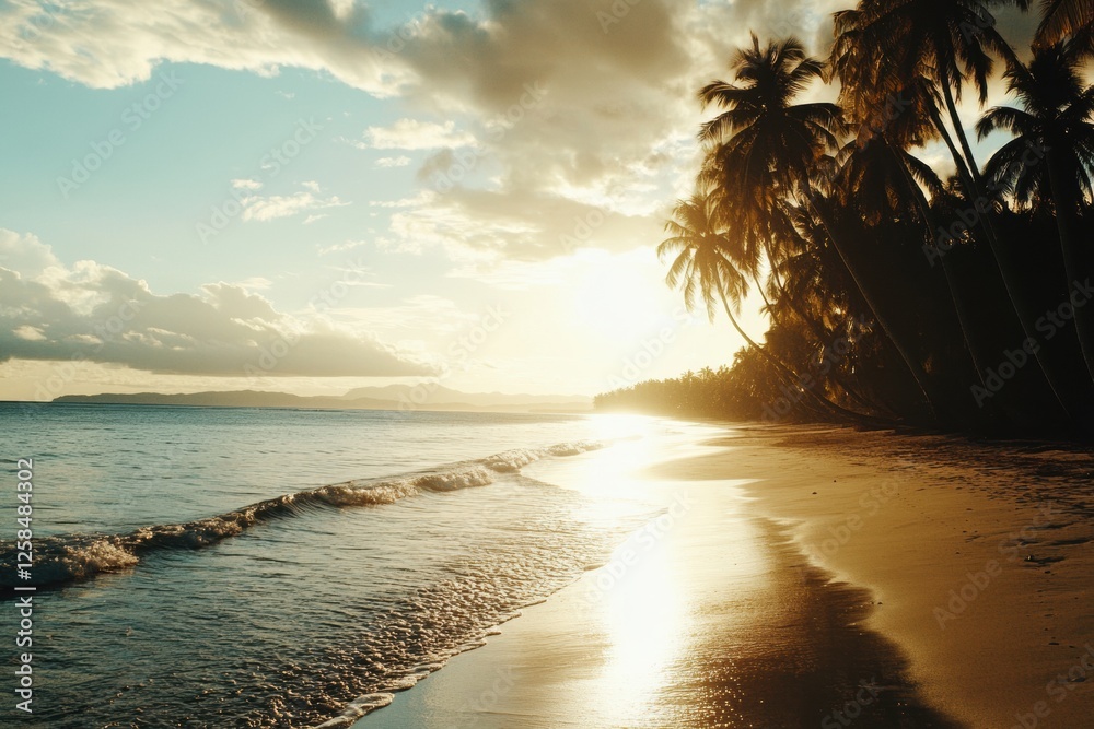 Leinwandbilder serene sunset over a tranquil beach with palm trees and gentle waves in the background of a tropical