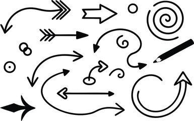 Naklejka premium Handdrawn arrows, swirls, circles, design elements, vector graphics, illustration, sketch, doodle, a