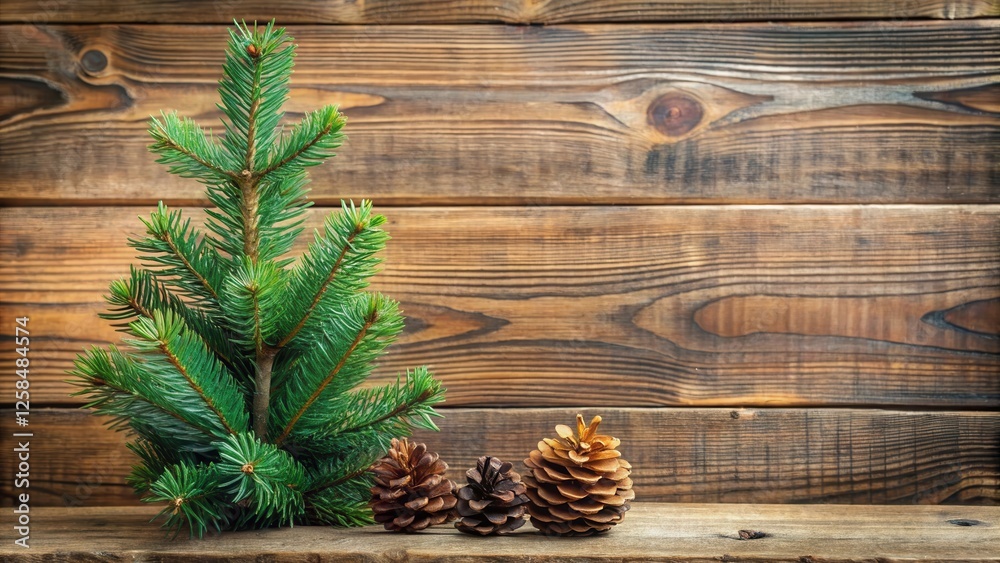 Poster rustic winter scene with evergreen branch and pine cones on wooden background
