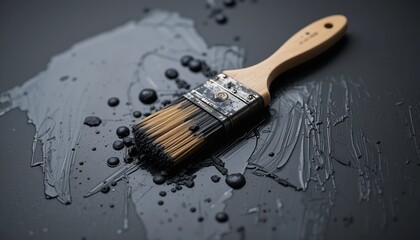 Professional Paintbrush Dark Grey Paint Strokes Artistic Texture Background Premium Quality Wood Handle Detailed Closeup Image Perfect for Design     