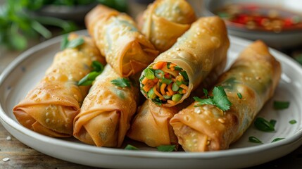 Golden spring rolls: Freshly fried, with one cut open to reveal a steaming hot filling of vegetables and shrimp.
