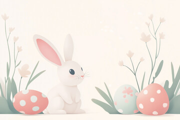 Obraz premium A modern and clean Easter illustration with a cute bunny sitting next to pastel-colored eggs and delicate spring flowers. The soft shading and minimalistic style