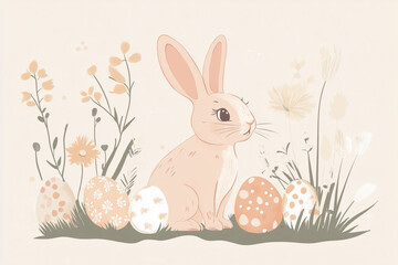 Obraz premium A modern and clean Easter illustration with a cute bunny sitting next to pastel-colored eggs and delicate spring flowers. The soft shading and minimalistic style