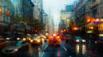 Obraz premium blurred cityscape raindrops neon lights reflections busy streets impressionistic hyperrealistic