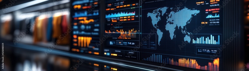 Poster a high-tech data dashboard displaying global maps and analytics with vibrant graphs and charts in a 