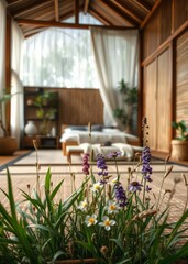 Photocamera and wildflowers on bamboo rug against bedroom interior bamboo house background beautiful bamboo asian seaport baltic sea antebellum