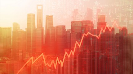 Naklejka premium exposure of the Chinese skyline with a financial chart showing a downward trend, symbolizing the economic slowdown, isolated on white. Double Exposure.[China]:[Economy Slowdown] Double exposure, 