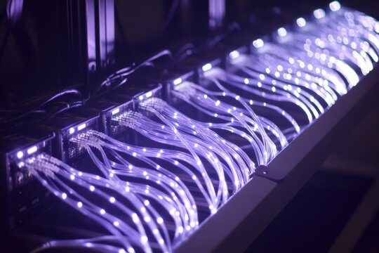 Purple light pulses through fiber optic cables in a network device.