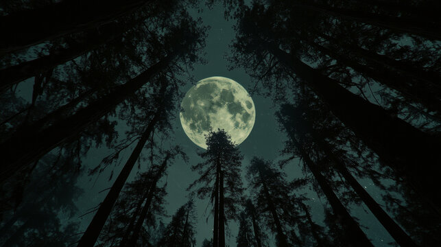 Full moon in night sky. Dark forest landscape with black silhouettes of trees. Vector cartoon illustration of coniferous woods in moonlight and glowing white circle in sky