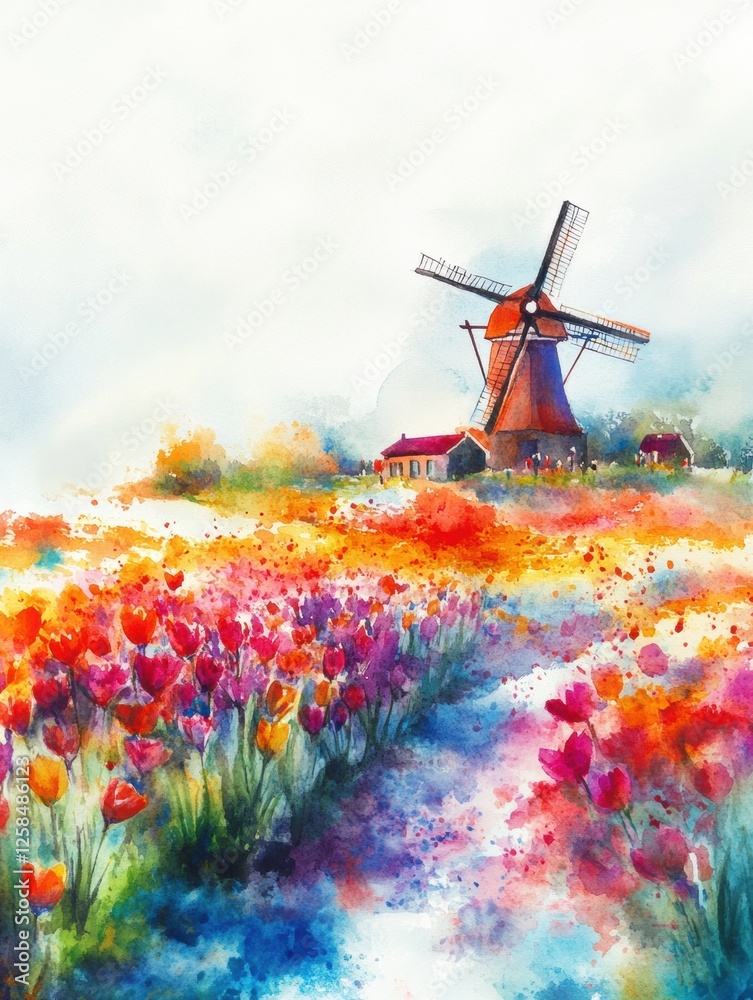 Poster Vibrant tulip fields flourish under a bright spring sky with a charming windmill in the distance. Generative AI