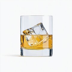 Clear glass tumbler filled with amber liquid and ice cube, studio shot, isolated on white background, showcasing a simple elegant drink
