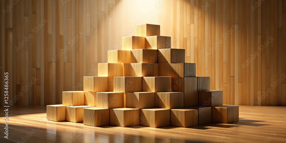 Poster illuminated wooden block pyramid structure on a wooden floor