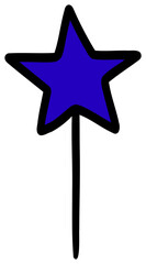 Hand drawn digital illustration of a star in blue, red and white colors. The bow has a crisp black outline, a solid blue base and a red stripe in the center, giving it a playful and festive look. This