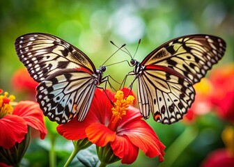 Fototapeta premium Two Butterflies on Red Flower, Bokeh Background, Macro Photography