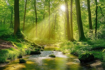 Obraz premium A peaceful forest scene with tall trees, lush greenery, and the gentle sound of water flowing through it.