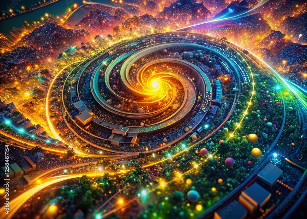 Poster aerial view scientific data visualization: abstract colorful patterns representing complex research