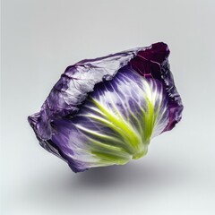 Obraz premium Close up view of a vibrant purple and white cabbage, with light green inner leaves, displayed against a neutral gray backdrop. The cabbage is