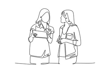 Woman tech concept. Single line draw design vector graphic illustration.