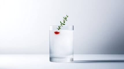 Clear glass filled with refreshing liquid, garnished with sprig
