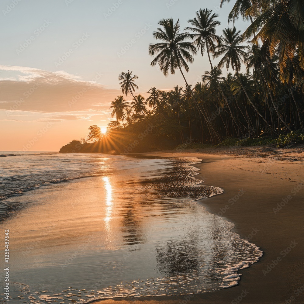 Poster Sunset view over a calm beach with palm trees and golden sand reflecting warm light. Generative AI
