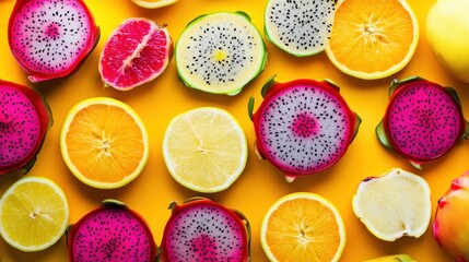 Vibrant Tropical Fruit Flatlay: A Colorful Delight of Citrus and Dragon Fruit