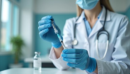 Fototapeta premium A healthcare professional in a medical facility is preparing a vaccine injection