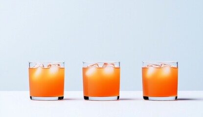 Three short glasses of orange juice with ice cubes, aligned in a row against a light blue background, presented on a light colored surface. The