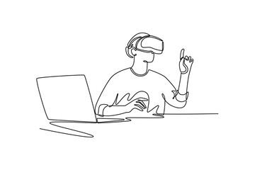 Woman tech concept. Single line draw design vector graphic illustration.