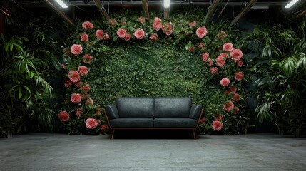 Fototapeta premium Dark Room with Mid Century Modern Sofa and Floral Wall Decor