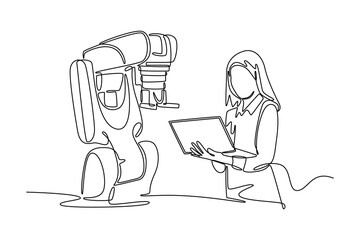 Woman tech concept. Single line draw design vector graphic illustration.