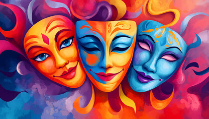 Obraz premium Artistic illustration of colorful theatrical drama masks