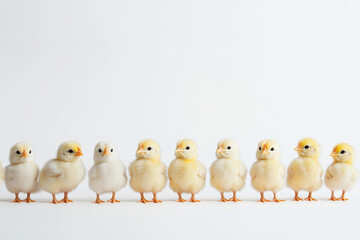 Naklejka premium A row of adorable chicks showcasing diverse colors and cuteness.