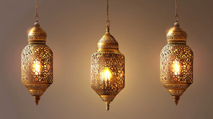 Vintage gold arabic lanterns with glowing candles. Vector realistic set of hanging luminous lamps with golden arabian ornament. Islamic shining fanous isolated on transparent background