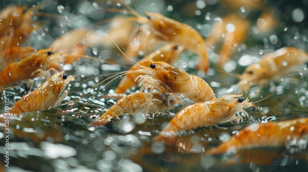 Poster numerous shrimp are seen swimming in dynamic motion through clear water, creating ripples and splash