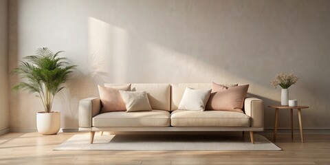 Fototapeta premium Sunlit Living Room with Neutral Sofa and Minimalist Decor