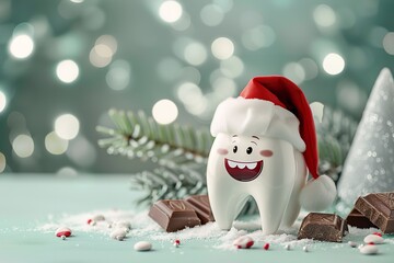 Over a pale&nbsp;green setting&nbsp;a teeth 3D animated figure with chocolates and a Santa hat and healthcare lovely hue space, Generative AI.