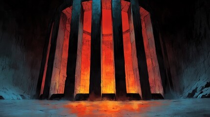 Glowing orange light illuminates a mysterious, dark chamber. Tall, imposing pillars stand in a circular structure, creating an enigmatic and powerful atmosphere.