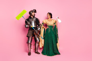 Knight and princess in playful cleaning roles against a pink background, blending medieval charm with modern humor in an iconic scene.