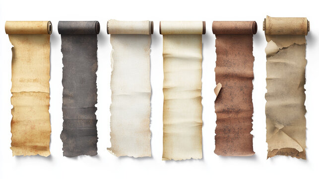 Parchment scrolls, old banners letters, cartoon rolls, blank paper open and convolute antique manuscript or vintage papyrus, map, documents isolated on white background, vector illustration, icons set