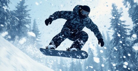Snowboarder in Camouflage Outfit Performing Air Trick in Snow